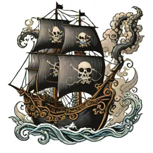 Black Pearl Pirate Ship With Kraken Attacking