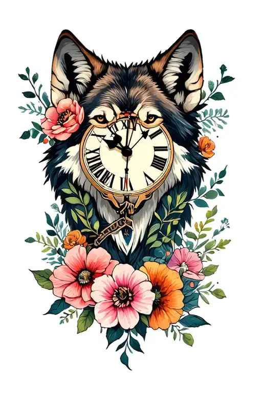Wolf Clock Flowers Wrapped