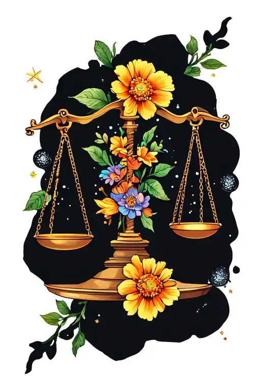 Libra Scales With Cosmos And Marigold Flowers And Libra Symbol