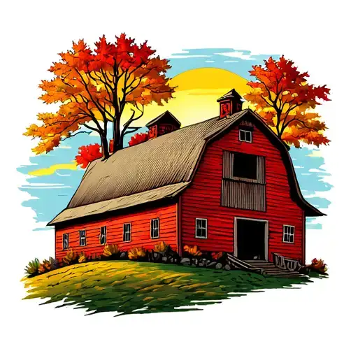 Well Maintaind Red Bank Barn On A Hill Surrounded By Maple Trees At Sunrise