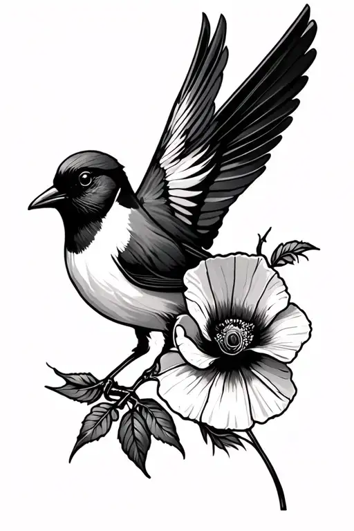 Black And White Swallow Bird And Poppy Flower