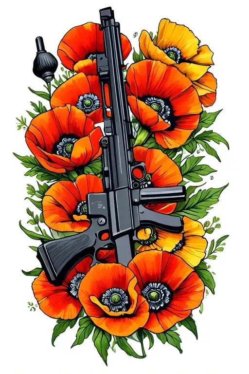 Ak47 On Bed Of Poppies Blooming