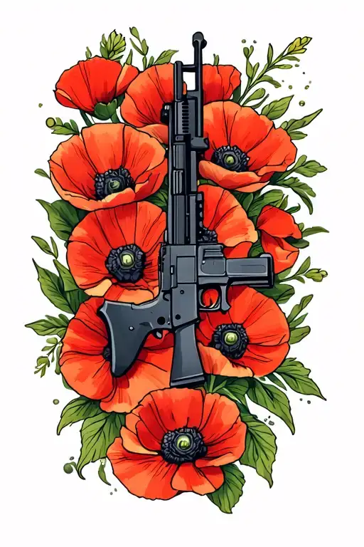 Ak47 On Bed Of Poppies Blooming