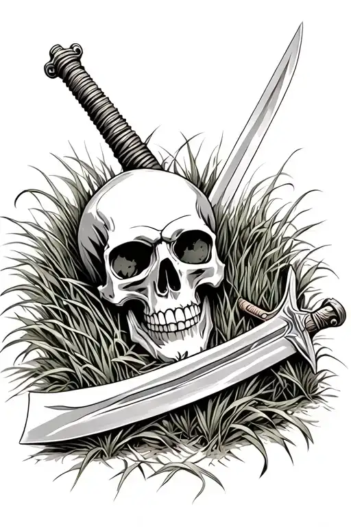 Skull Laying In Grass With Sword Through It