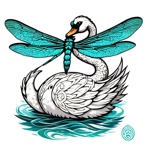 Celtic Swan And A Teal Dragonfly