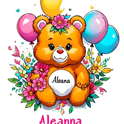 Care Bear With Flowers And Balloons With The Name Aleana