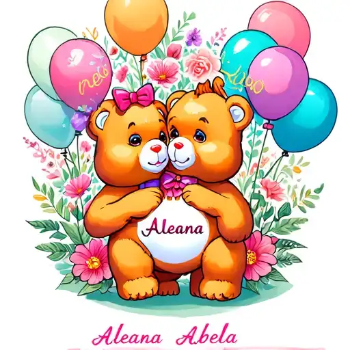 2 Pink Care Bears With Flowers And Balloons With The Name Aleana And Abella