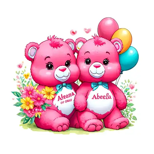 2 Pink Care Bears With Flowers And Balloons With The Name Aleana And Abella
