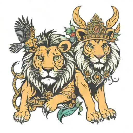 Lion And Bushman Holding A Bird