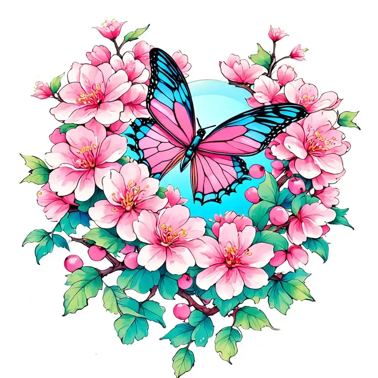 A Butterfly At The Top And Surrounding Cherry Blossoms Going All The Way Down
