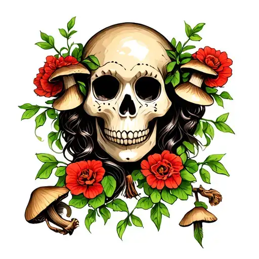 La Catrina Girl Skull Woven With Green Vines And Mushrooms