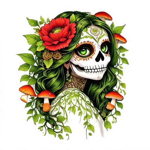 La Catrina Girl With Green Eyes Woven With Green Vines And Mushrooms