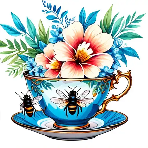 Teacup Blue And White With Tropical Flowers And Bees