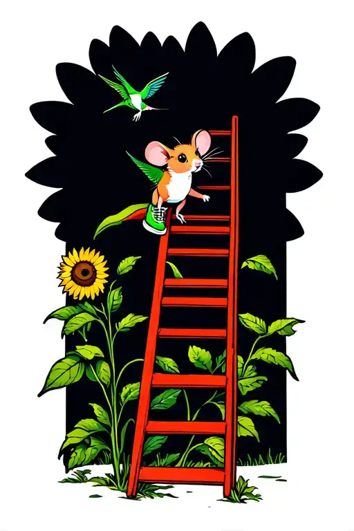 Mouse Wearing Green Shoes Climbing A Red Ladder Going Up A Sunflower With A Hummingbird Flying