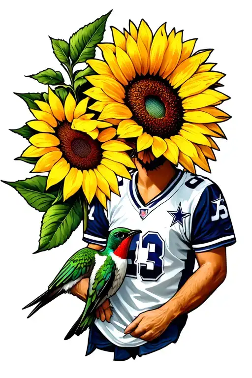 A Sunflower Wearing A Dallas Cowboys Jersey Next To A Red Throated Hummingbird