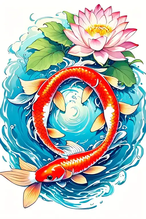 2 Koi Fish Swimming Upstream With Lotus Flowers Cherry Blossom And Chrysanthemum