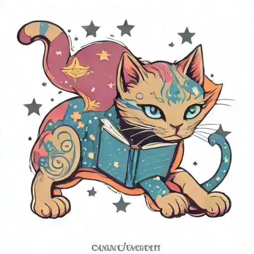 Cat With Book And Starry Sky Surrounded By Stars Forming