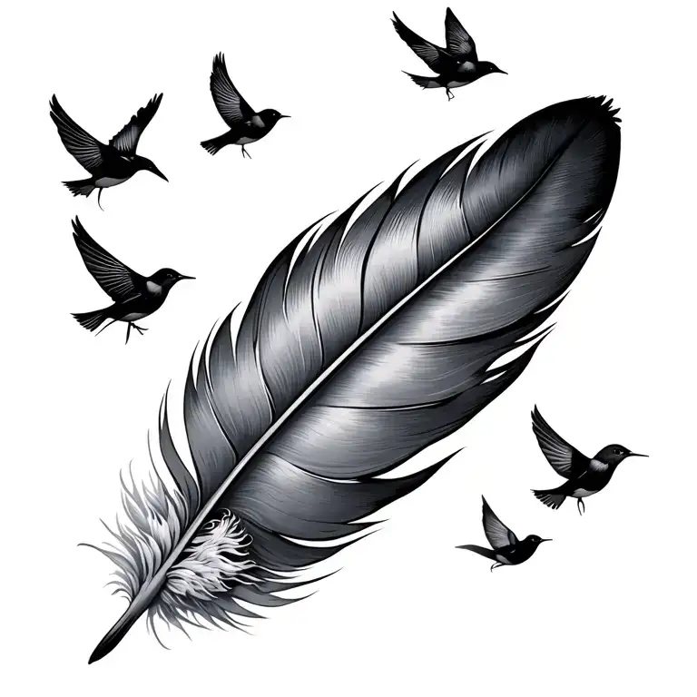 Feather With Tiny Birds Fly Away