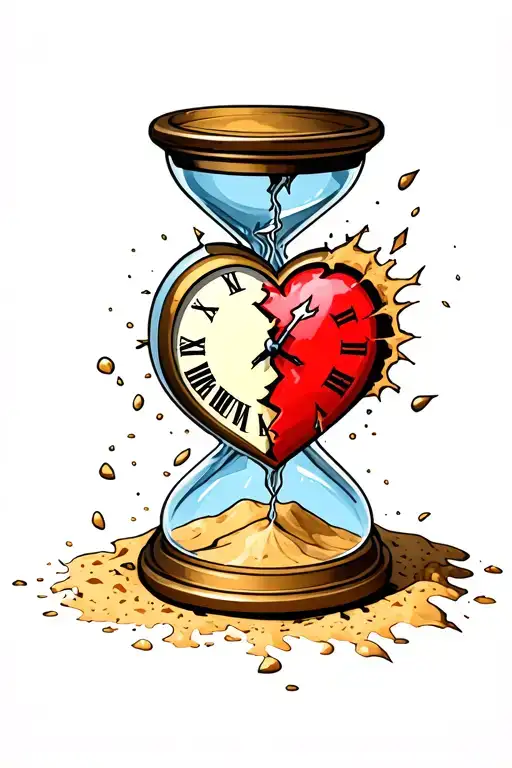 Heart Clock Inside Broken Hourglass With Sand Falling Out