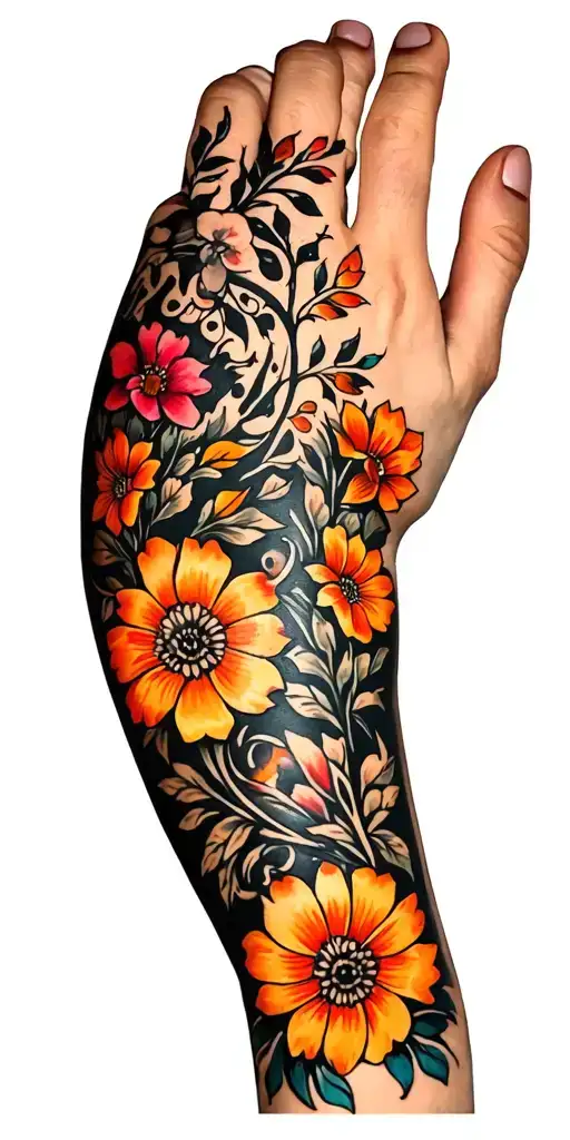 Twinkling Blackout Arm Sleeve Accented With Small Traditional Flash Tattoo Flowers