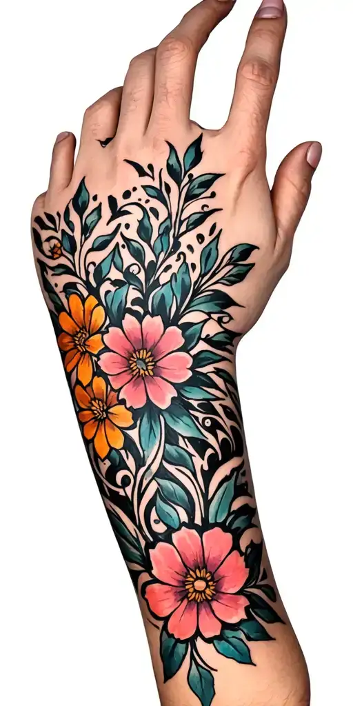 Twinkling Blackout Arm Sleeve Accented With Small Traditional Flash Tattoo Flowers