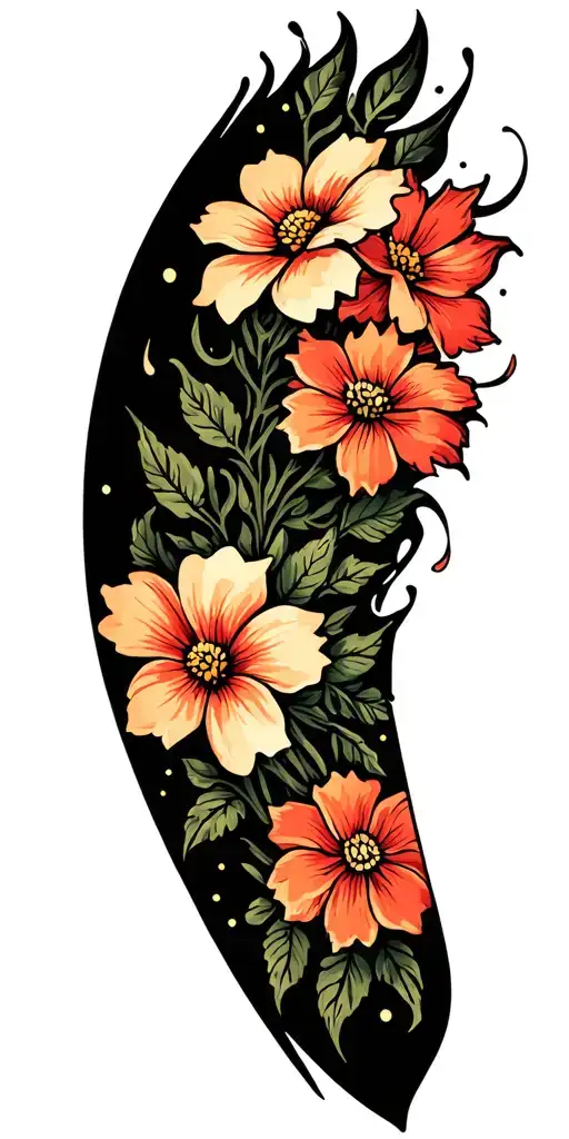 Twinkling Blackout Accented With Small Traditional Flash Tattoo Flowers