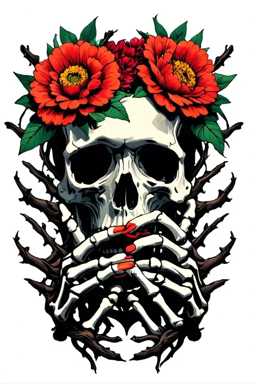 Skull With Flower And Thorned Vines Shadows All Surrounding Interlocked Human And Skeleton Hands
