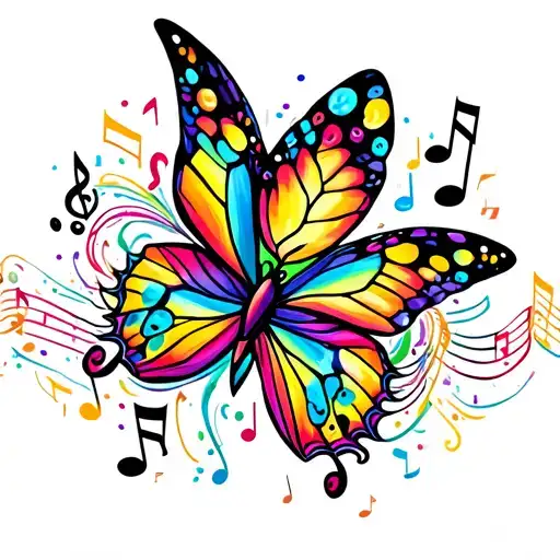 A Colorful Tattoo Of A Butterfly With Rock Music Notes Swirling Around It