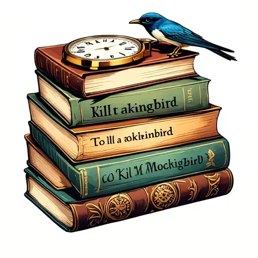 A Stack Of Books Inspired By 'To Kill A Mockingbird' With Watch Face And Mockingbird