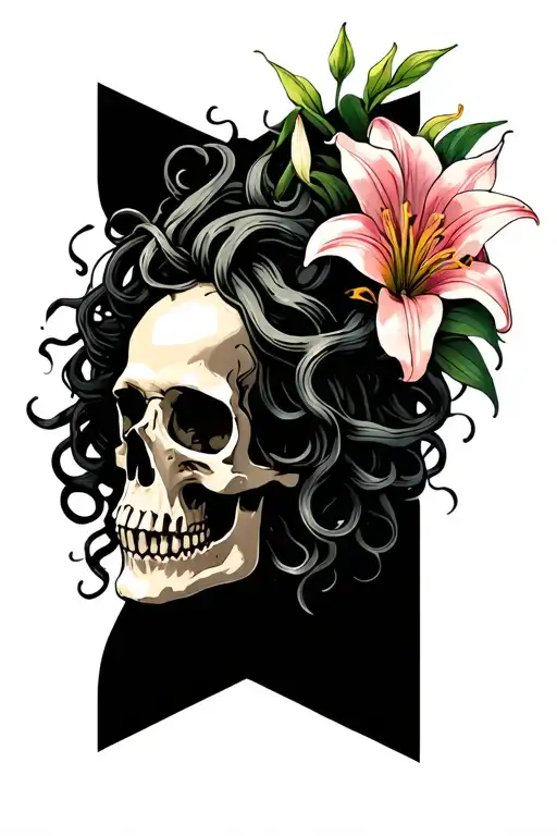 Medusa Head Surrounded By Lilies And Skull Wearing