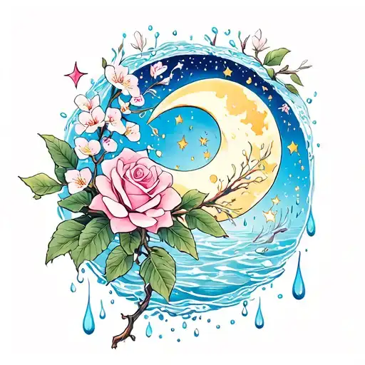Water Rain Pisces Zodiac Moon Stars Cherry Blossom Love Roses