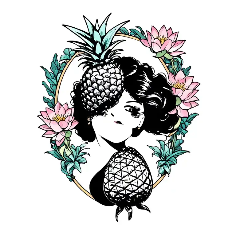 Pin Up Girl With Pineapple Surrounded By Lotus