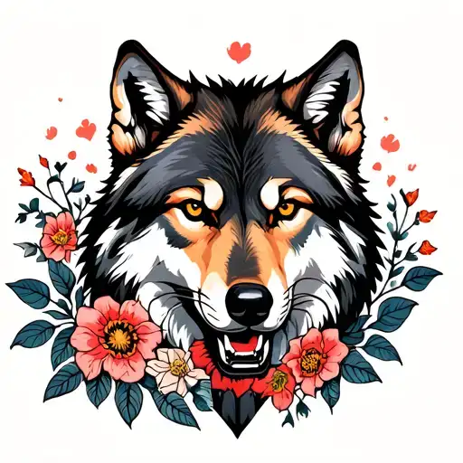 A Tattoo Of A Fierce Wolf Surrounded By Ornate Floral Decorations