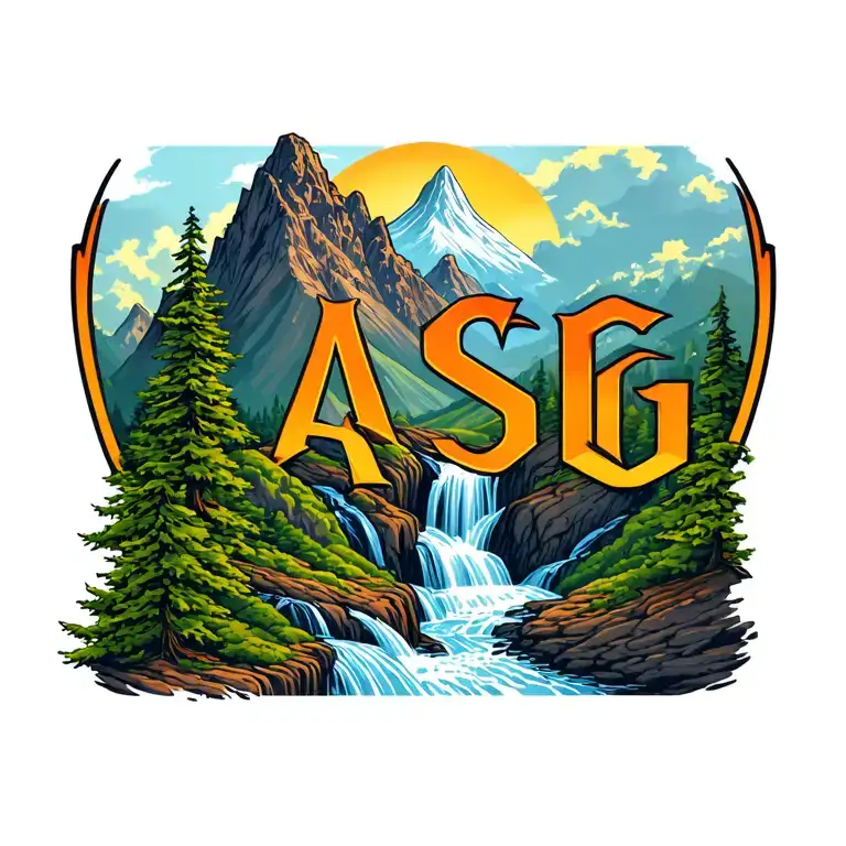 Mountain And Waterfall With Initials Asg Incorporated Into The Design