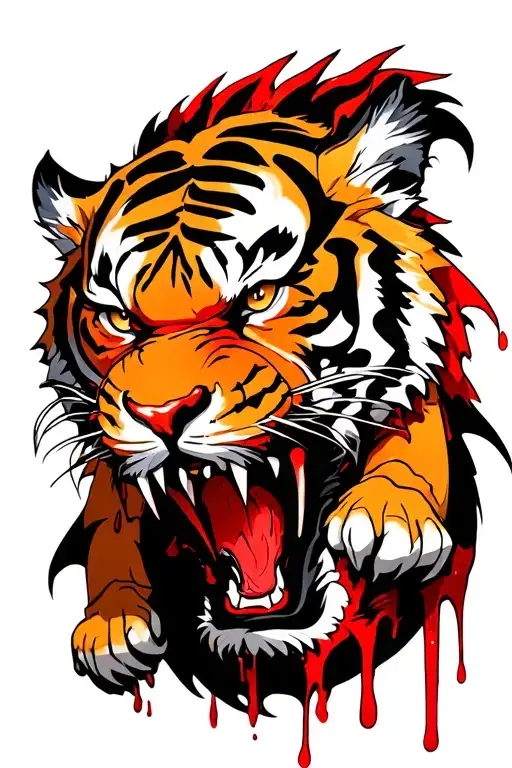 An Evil Tiger With Battle Scars And Blood Dripping From Its Mouth That Is Protecting A Dragon