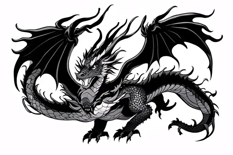 Old-school Japanese Dragon Without Wings Black & White Full Length