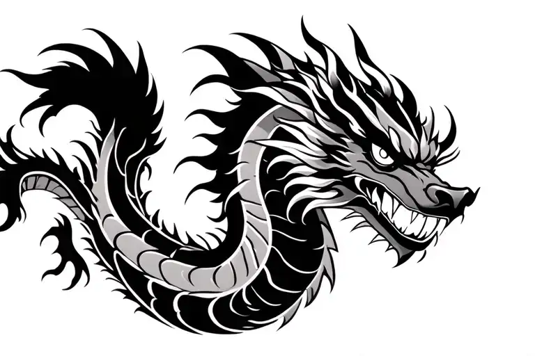 Single Head Traditional Japanese Dragon Without Wings Black And Grey Full Length Design