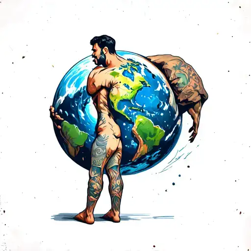 Man Who Stand Straight To Camera Body Who Lift The Earth On His Back Atlas Holding The World