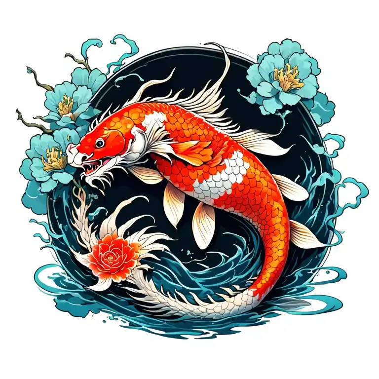Koi Fish With Dragon Temple Surrounded