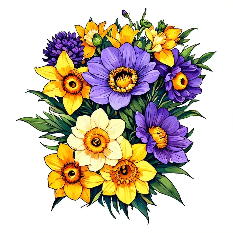 Violet And Daffodils And Chrysanthemums