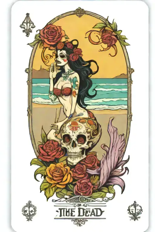 Day Of The Dead Tarot Card Featuring Beach Scene And Mermaid