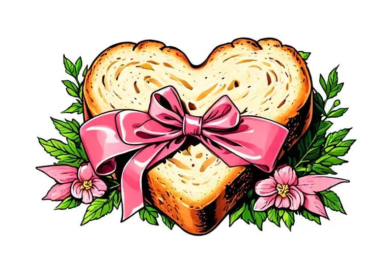 70S Pin-up Style Heart Shaped Slice Of Garlic Bread With Ribbon Over Top Of Slice