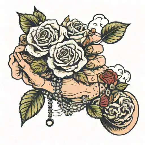 Old Woman Hand Holding Rose Wrapped In Rosary With Garden On Bicep And Background Cloud