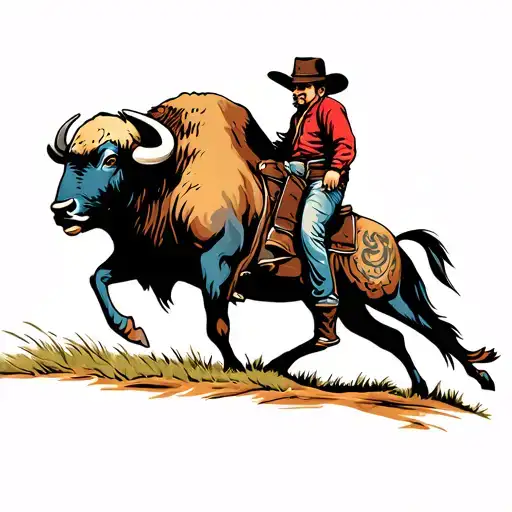 Cowboy Riding A Buffalo