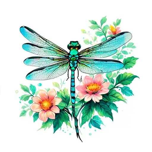 Emerald Dragonfly Flying With Flowers Growing