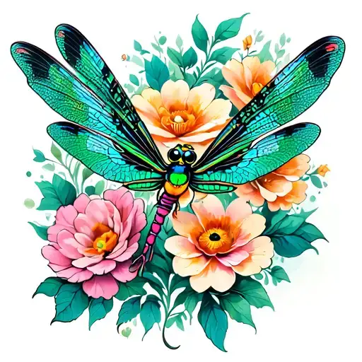 Emerald Fantasy Dragonfly Flying With Flowers Blooming