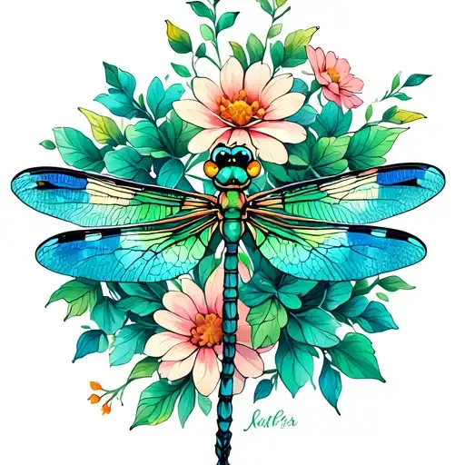 Emerald Fantasy Dragonfly Flying With Flowers Blooming