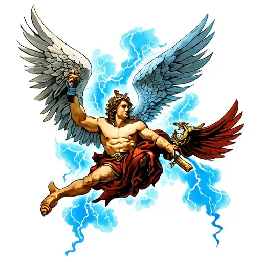 A Neotraditional St Michael With A Blue Thunderstorm Background