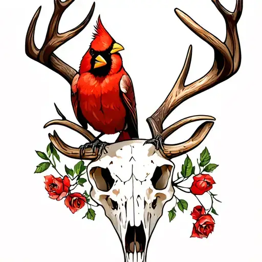 Cardinal Perched On Buck Skull