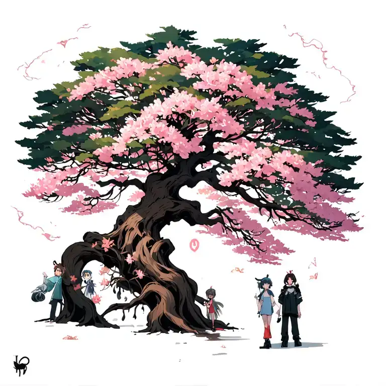 A Big Sakura Tree With A Bunch Of Different Anime Characters On It And Around It